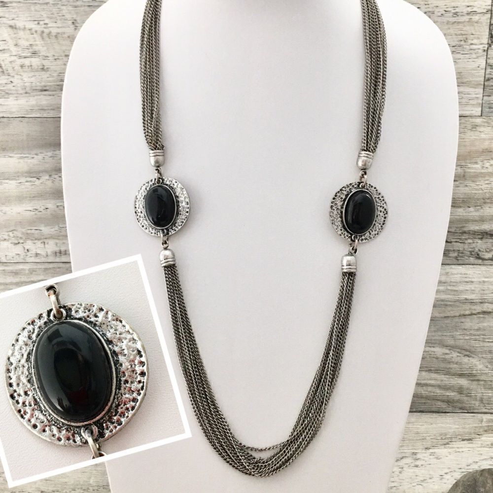 Multi Strand Necklace Disc Cabochons Silver Black 1029